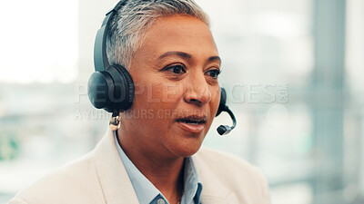 Buy stock photo Mature woman, consultant and travel agency with headset for virtual asssistance or customer service. Female person, agent or employee talking with mic for schedule flight, help or telecommunications