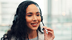 Happy woman, consultant and travel agency with headset for virtual asssistance or customer service. Female person, agent or employee talking with mic for schedule flight, help or telecommunications