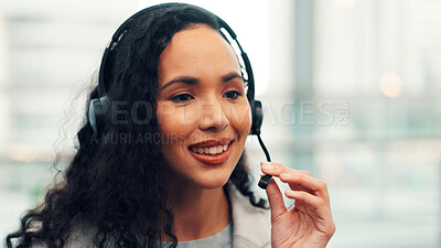 Buy stock photo Happy woman, consultant and travel agency with headset for virtual asssistance or customer service. Female person, agent or employee talking with mic for schedule flight, help or telecommunications