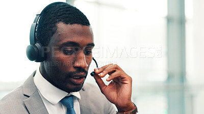 Buy stock photo Black man, consultant and travel agency with headset for virtual assistance or customer service. Male person, agent or employee talking with mic for schedule flight, help or telecommunications