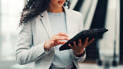 Buy stock photo Airport, employee and hands with tablet, research and checking travel schedule on website or online. Business trip, scroll and person with technology for flight status, info and planning for project