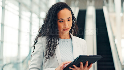 Buy stock photo Tablet, reading and business woman in hotel lobby for email, online booking or conference schedule. Travel, technology or worker with app for notification, hospitality or reservation info for seminar