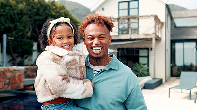 Buy stock photo Real estate, portrait and father with child by new house, excited and property purchase for smile. Family home, achievement and happy man with daughter in backyard, moving in and investment pride