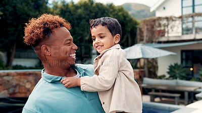 Buy stock photo Happy dad, child and hug with adoption for bonding, stability or childhood safety by home. Father, foster kid or smile with adopted son, family or embrace for love, commitment or parenthood by house