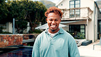 Real estate, outdoor and portrait of black man by new house, excited and residential property for smile. Achievement, life goal and homeowner with happiness for moving in, purchase and investment.
