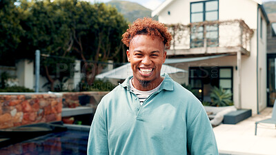 Buy stock photo Real estate, outdoor and portrait of black man by new house, excited and residential property for smile. Achievement, life goal and homeowner with happiness for moving in, purchase and investment.