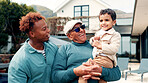 Smile, man and grandfather with child at new house for real estate, property purchase and security. Happy, interracial family or moving in with kid, mortgage loan and homeowner of investment approval