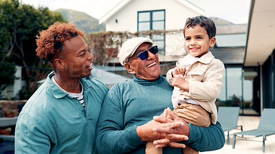 Buy stock photo Smile, man and grandfather with child at new house for real estate, property purchase and security. Happy, interracial family or moving in with kid, mortgage loan and homeowner of investment approval