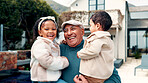 Smile, grandfather and children at new house for real estate, property purchase and apartment security. Portrait, interracial family and old man with kids, homeowner and bonding together in backyard