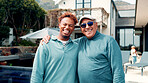 Real estate, portrait or men with hug by new house, excited or property purchase for smile. Sunglasses, senior father or happy son with embrace for moving in, achievement or homeowner with investment