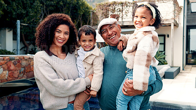 Buy stock photo Portrait, woman and grandfather with children at new house for real estate, property purchase or care. Happy, interracial family or moving in with kids, mortgage loan and bonding together in backyard