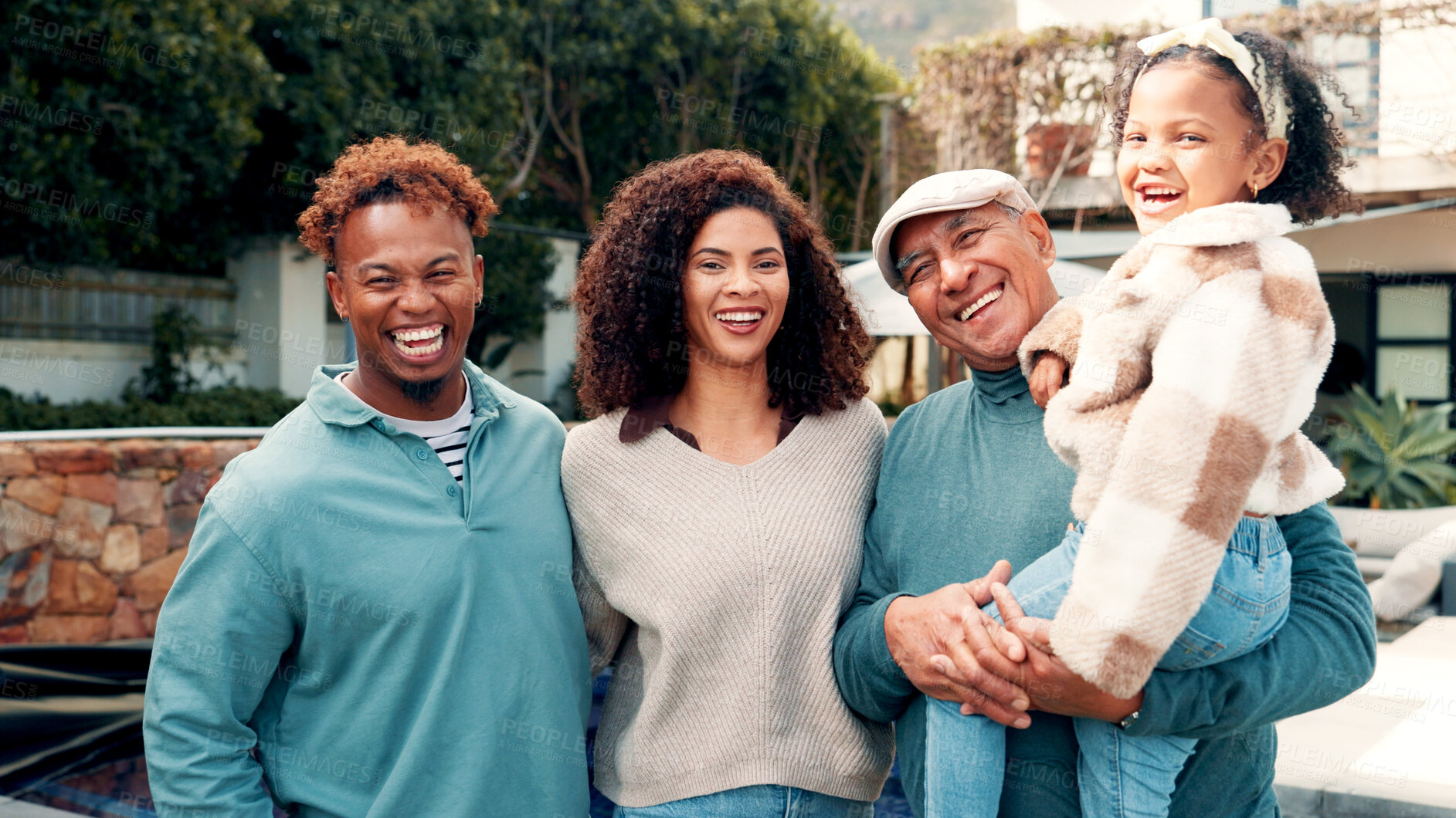 Buy stock photo Portrait, big family and grandfather with child at new house for real estate, property purchase and security. Happy, parents and moving in with kid, visit grandparent and bonding together in backyard