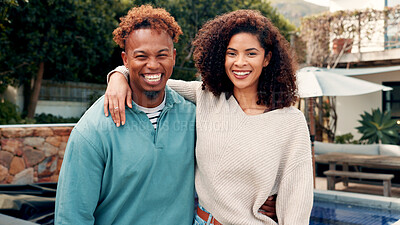 Buy stock photo Happy, hug and portrait of couple outdoor with bonding, love and care by new home together. Smile, commitment and people embracing in backyard for connection with real estate investment in marriage.