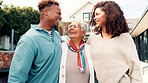 Happy, laugh and people with senior woman for hug, bonding or family time together outdoor. Smile, connection and adult children embracing elderly mom in backyard for pride, care and retirement.