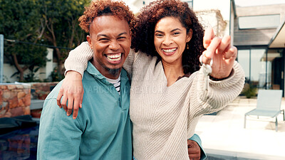 Buy stock photo Happy couple, portrait and property with keys for investment, mortgage or new home together. Man, woman or smile with access or apartment building for real estate, homeowner or fresh start by house