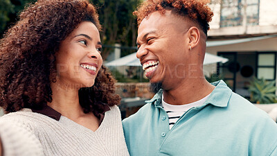 Buy stock photo Laugh, home and selfie of couple outdoor for love, care and social media update with post. African man, funny woman and picture by house for photography, bonding or happy memory together with partner