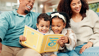 Buy stock photo Happy family, children or reading with book on sofa for laughing, humor or story time in home. Dad, mom or kids with funny novel, siblings or joke for comedy, bonding or development together in house