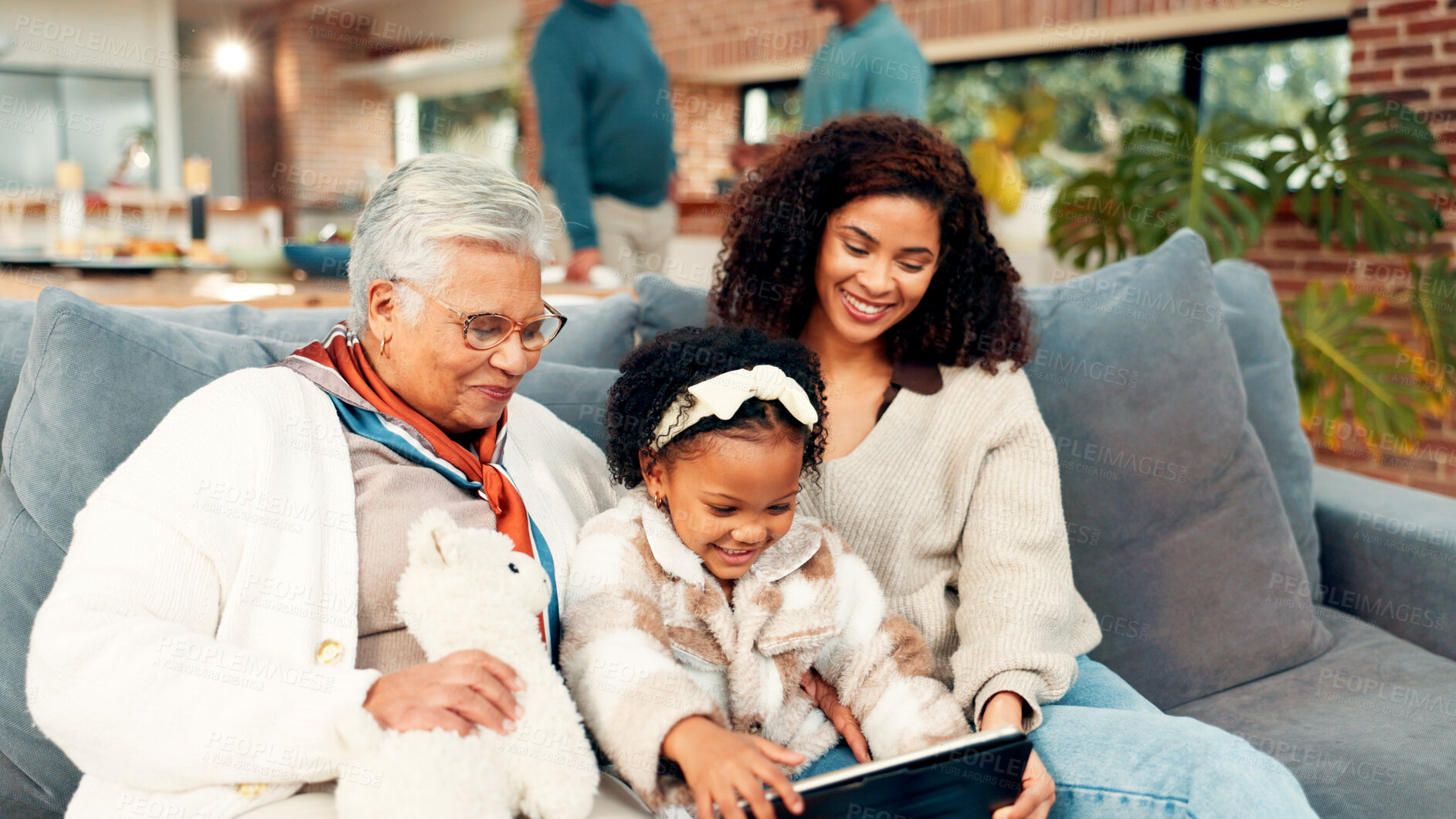 Buy stock photo Mother, grandma and girl on couch with tablet, happy and laugh with funny movie, care and bonding. Senior woman, child and mom with app, streaming or film subscription for generations in family home