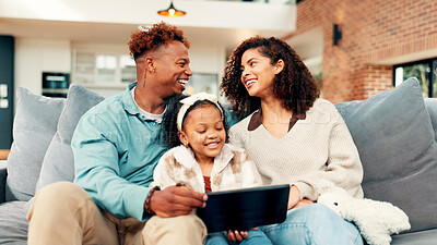 Buy stock photo Happy family, child or entertainment with tablet on sofa for online streaming or interaction in home. Mom, dad and kid with technology, smile or laughing for comedy movie, humor or bonding in house