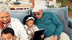 Grandparents, children and relax on sofa with tablet, care and bonding with movie in living room. Senior people, kids and smile with app, streaming or film subscription on couch at family house