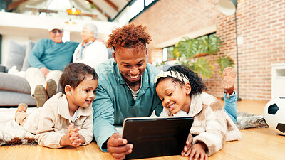 Buy stock photo Happy family, dad and children with tablet on floor for entertainment, movie or education in home. Dad, kids or siblings with smile, technology or learning for app, interaction or bonding in house