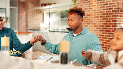 Buy stock photo Family, dining or holding hands with praying for faith, food or thanksgiving dinner together in home. Father, grace and gathering with connection for god worship, gratitude or thankful for meal