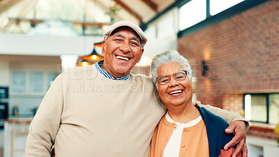 Buy stock photo Happy, hug and portrait of senior couple by house for bonding, connection and commitment. Retirement, marriage and mature man and woman embrace for affection, love and support at home together