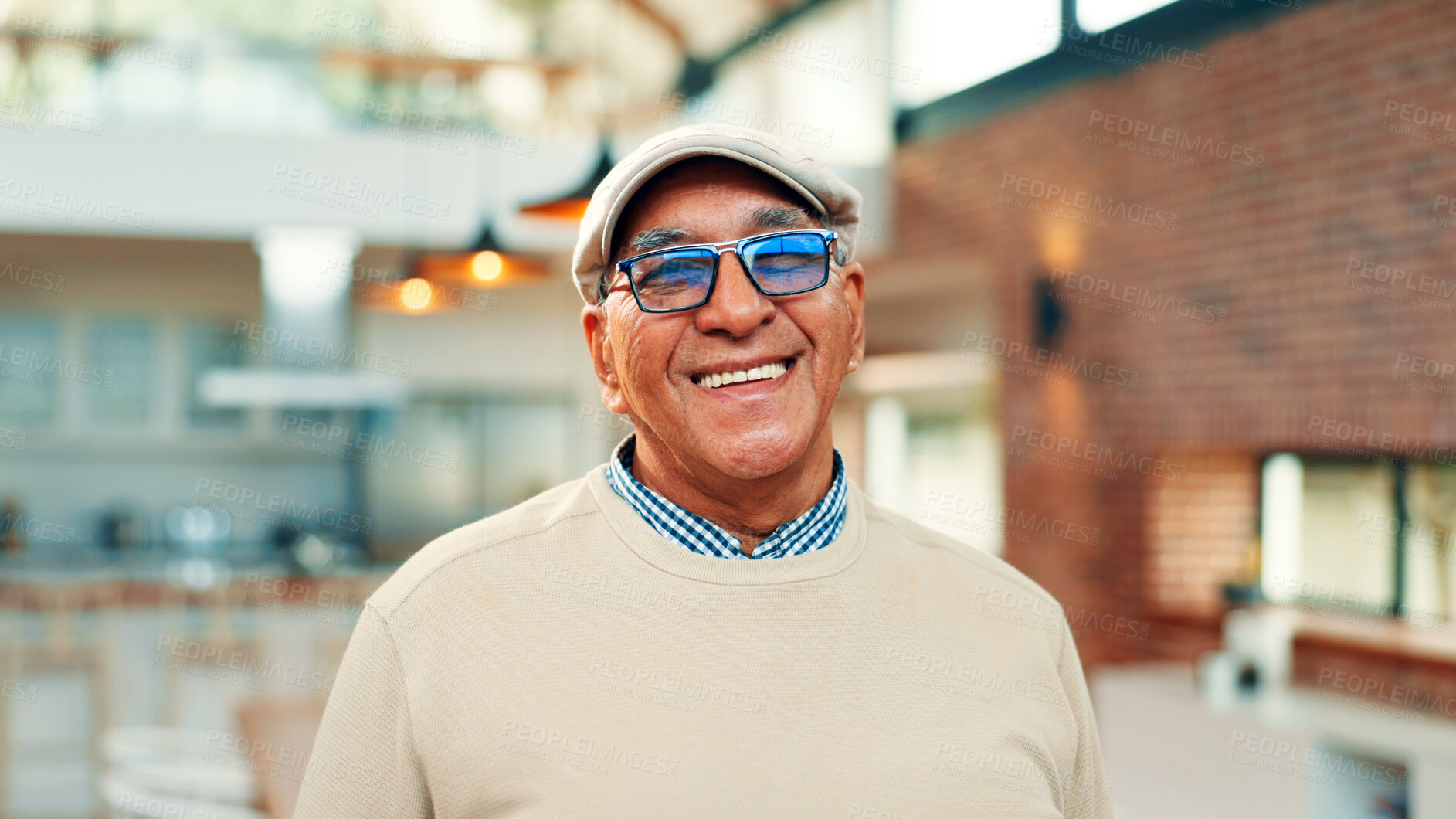 Buy stock photo Happy, glasses and portrait of senior man in home with confidence for retirement on weekend. Smile, positive attitude and elderly male person with pride for pension payout in living room at house.