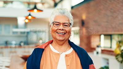 Buy stock photo Home, portrait and senior woman with smile, confident and happiness for retirement, laugh and relax. Healthy, elderly person and excited for break in house, peace and wellness in apartment or Cuba