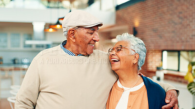 Buy stock photo Happy, hug and senior couple in home laugh for funny conversation, connection and commitment. Retirement, marriage and elderly man and woman embrace for affection, love and bonding by house together