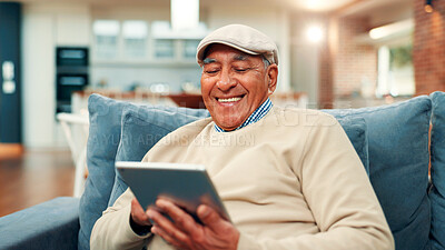 Buy stock photo Tablet, relax and senior man on sofa in home with networking, social media or blog post. Happy, digital technology and elderly male person in living room for reading news headline on app in house.