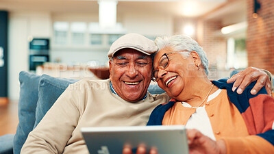 Buy stock photo Sofa, happy and senior couple on tablet for online streaming, internet subscription or bonding. Retirement home, marriage and mature man and woman on digital tech for videos, watching movie and relax