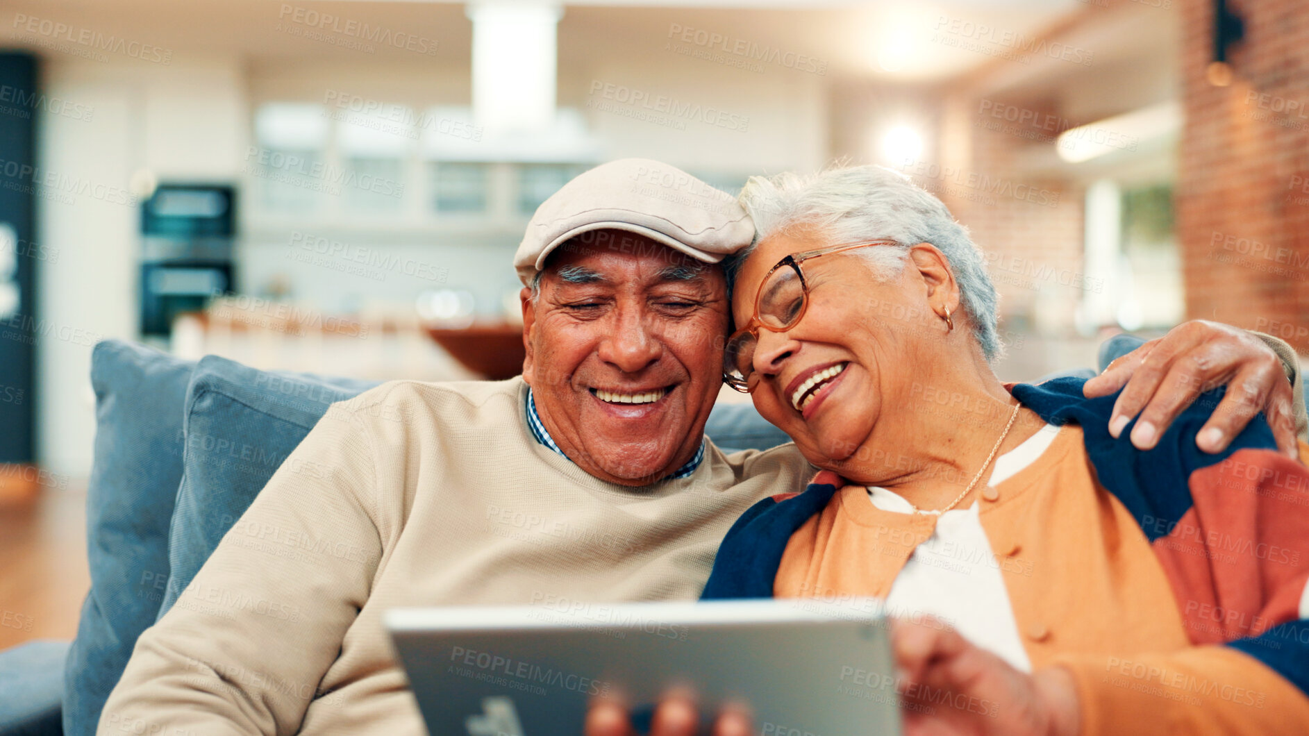 Buy stock photo Sofa, happy and senior couple on tablet for online streaming, internet subscription or bonding. Retirement home, marriage and mature man and woman on digital tech for videos, watching movie and relax