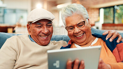 Buy stock photo Sofa, home and old couple on tablet laugh for online streaming, internet subscription or bonding. Retirement, marriage and mature man and woman on digital tech for videos, watching movie and relax