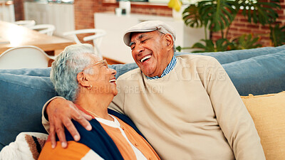 Buy stock photo Love, senior couple and laughing on sofa with healthy marriage, conversation joke and bonding. Pensioner, happy elderly people and hug in home with funny discussion, retirement support and connection