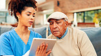 Talking, tablet and nurse with old man in home for discussion, consulting and diagnosis. Retirement, healthcare and caregiver with senior person on tech for digital results, medical exam and wellness
