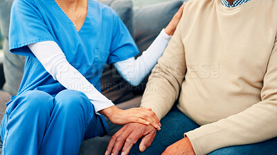 Buy stock photo Nursing home, empathy and nurse with patient, hands and medical help for rehabilitation and comfort. Assisted living, senior care and elderly person with caregiver, kindness and sympathy for illness