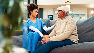 Buy stock photo Nursing home, woman and nurse with patient, talking and medical help for rehabilitation and comfort. Assisted living, senior care and elderly person with caregiver, kindness and sympathy for illness