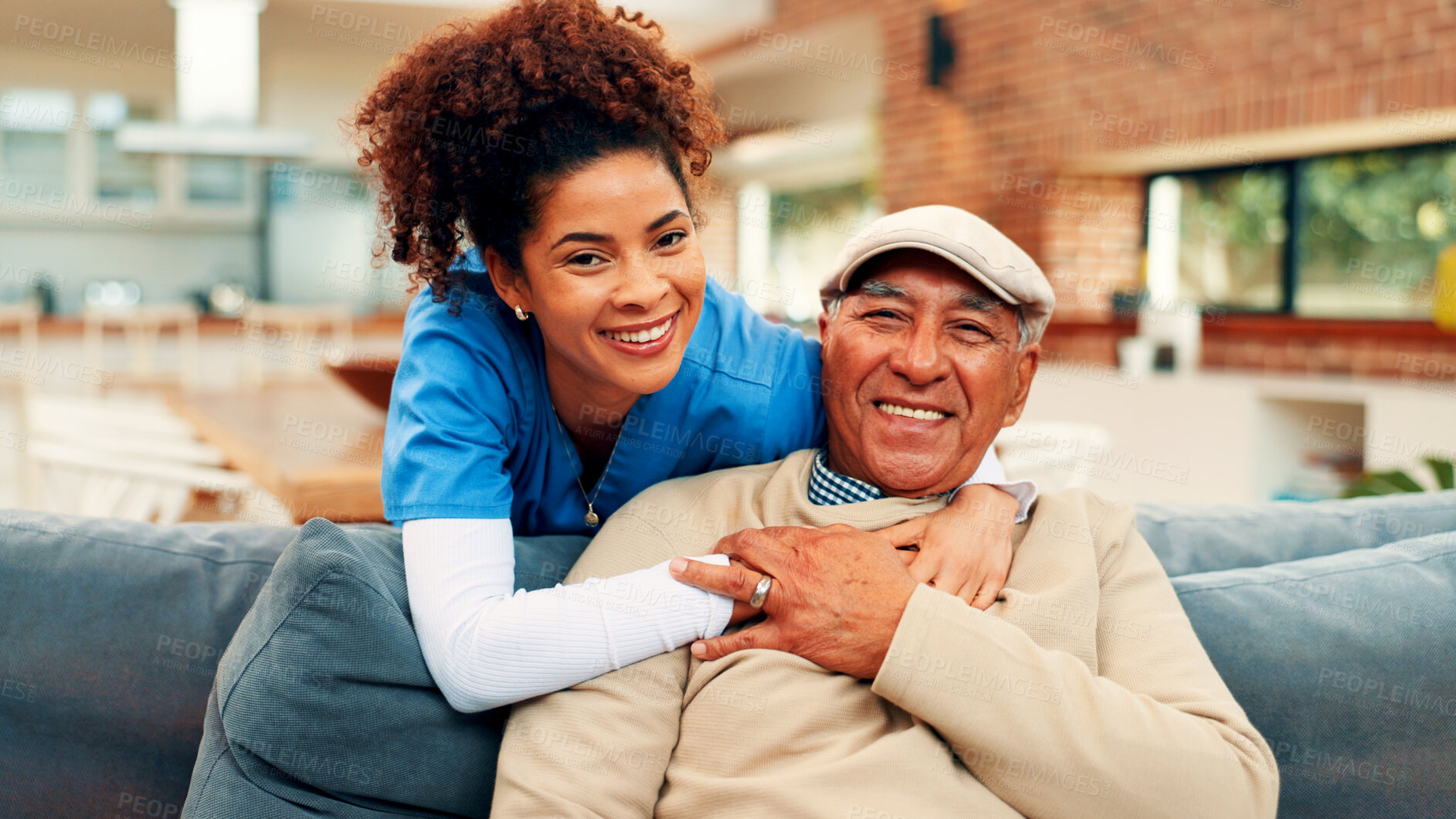Buy stock photo Portrait, caregiver and hug with old man, nursing home and bonding with healthcare worker in lounge. Happy, elderly patient and embrace with nurse in living room, retirement and rehabilitation