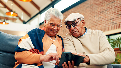 Buy stock photo Sofa, happy and senior couple with phone for online connection, internet and networking. Retirement home, low angle and old man and woman on smartphone for website, bonding and relax together