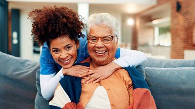 Buy stock photo Senior woman, nurse and hug on sofa with smile for portrait, support and assisted living in retirement home. People, caregiver and happy with embrace, connection and services for wellness in Brazil