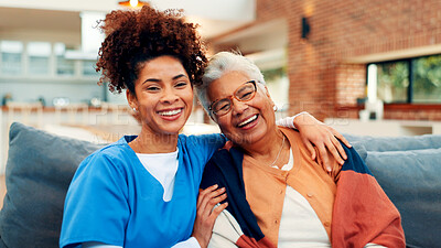 Buy stock photo Portrait, caregiver and hug with old woman, nursing home or bonding with healthcare worker in lounge. Happy, elderly patient and embrace with nurse in living room, retirement and rehabilitation