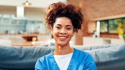 Buy stock photo Nurse portrait, woman and happy on sofa for medical service, assisted living and about us pride. Healthcare, caregiver and confidence in retirement home for professional volunteer or homecare support