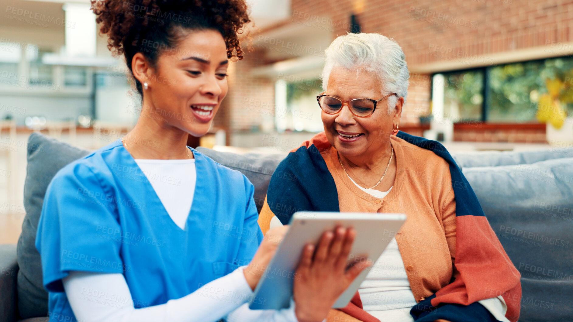 Buy stock photo Talking, tablet and nurse with old woman in home for discussion, consulting and diagnosis. Retirement, healthcare and caregiver with senior person on tech for online results, medical exam or wellness