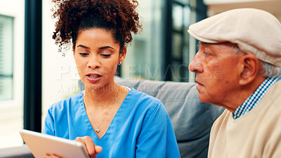 Buy stock photo Talking, tablet and nurse with old man on sofa for discussion, consulting and diagnosis. Retirement home, healthcare and caregiver with senior person on tech for results, medical service and wellness