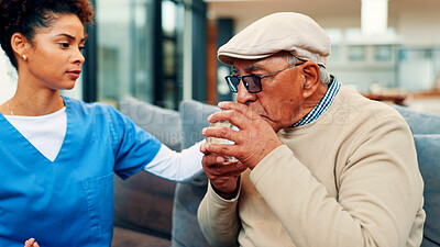 Buy stock photo Senior man, nurse and drinking water on sofa with care, hydration and assisted living in retirement home. Elderly person, caregiver and glass for gut health, wellness and support on couch at house