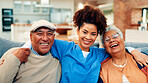 Senior couple, nurse and hug on couch with smile for portrait, support and assisted living in retirement home. People, caregiver and happy with embrace, connection or services for wellness in Mexico