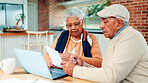 Old couple, talk and finance documents in home with planning, review and laptop for investment. Elderly man, woman and paperwork with computer, asset management and discussion for retirement income