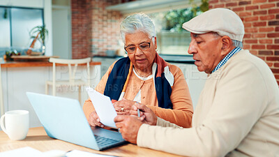 Buy stock photo Old couple, talk and finance documents in home with planning, review and laptop for investment. Elderly man, woman and paperwork with computer, asset management and discussion for retirement income