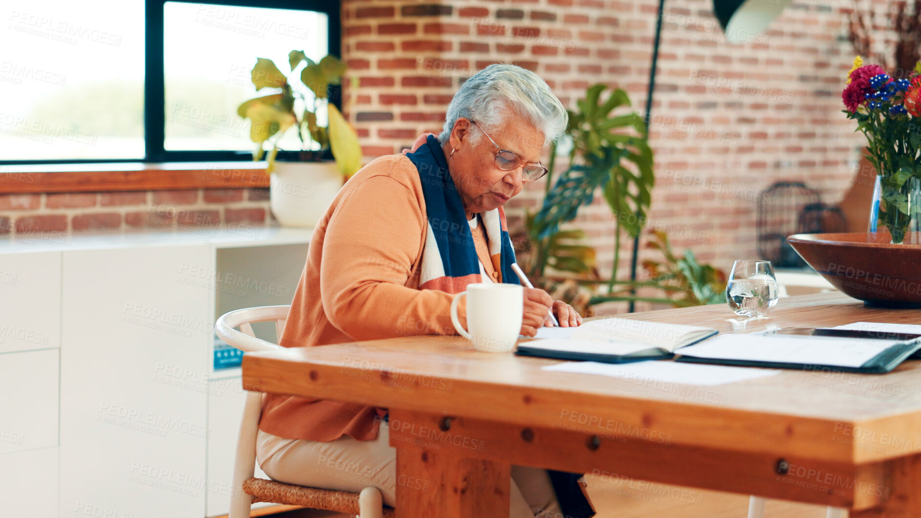 Buy stock photo Finance, old woman and writing on paperwork in home for insurance application, pension fund or form. Retirement planning, senior person or documents for asset management, legal contract or compliance